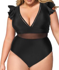 CUPSHE Maillot de Bain Une pièce pour Femme Noir Grande Taille col en V à Volants en Maille