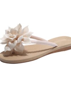 Tongs plates légères et classiques pour femme avec fleurs en tissu - Loisirs confortables et antidérapants - Chaussures