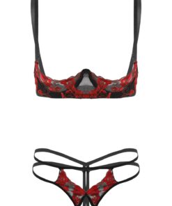 YEAHDOR Tenue de Soirée Lingerie Ensemble String & Bra Dentelle Réglable pour Femmes