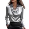 Chemisier Satin Onsoyours Femme Col en V Manches Longues Chic Élégant Casual Soie Shirts Tops