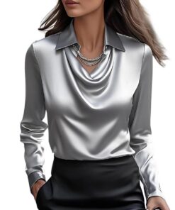 Chemisier Satin Onsoyours Femme Col en V Manches Longues Chic Élégant Casual Soie Shirts Tops