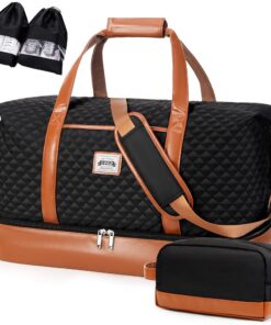 Sac De Voyage Lekespring Femme 50L | Sac Weekend avec Compartiment Étanche pour Femme - Matelassé Noir - avec 1 Trousse