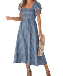 CUPSHE Robe plissée à rayures forme féminine - Col carré - Manches courtes volantes - Robe trapèze maxi pour femme - Chi