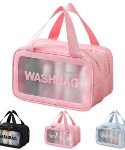 Kit de toilette transparent pour voyage et avion - PVC étanche - homme et femme - séparation sèche et humide - rose