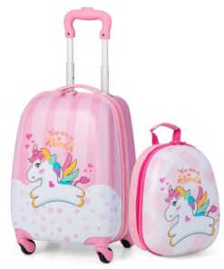 Valise enfant COSTWAY avec roulettes télescopiques et motif Unicorne, pour fille et garçon, lot de 2 (16'')
