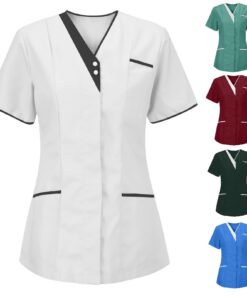 POIUIYQA Tunique Médicale Professionnelle Col en V Manche Courte Uniforme De Travail Infirmière Cadeau Secrétaire Médica