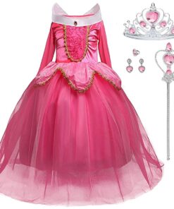 Déguisement Princesse Costume Fille Halloween avec Baguette Magique et Couronne Rose, 6-8 Ans