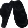 COFACE Pantoufles pelucheuses à bout ouvertes pour femme - Confortables en fausse fourrure à mémoire de forme - Pantoufl