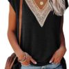 OLIPHEE T-Shirt Femme V-Neck Dentelle Imprimé Floral Courts Élégant Confortable