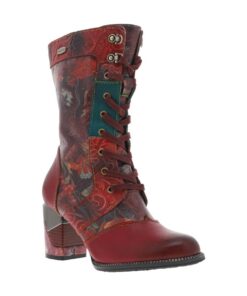 Bottes LAURA VITA rouge fleuries talon bloc lacets plat zip femme fête Oktoberfest cosy
