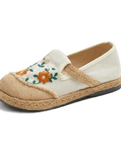 Chaussures Plates Noires Ethniques pour Femmes Chaussures en Lin à Gros Bouts Floral Finitions Légères et Bas Prix