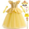 Snyemio Robe Princesse Belle pour Filles Costume de La Belle et La Bête Enfant avec Accessoires pour Fête Anniversaire C
