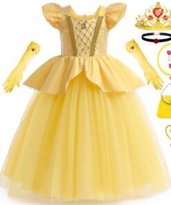 Snyemio Robe Princesse Belle pour Filles Costume de La Belle et La Bête Enfant avec Accessoires pour Fête Anniversaire C