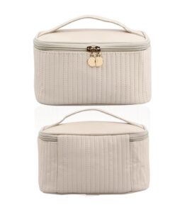 Trousse de Toilette YUZHEDM Beige pour Femme en Cuir PU - Grande Pochette Cosmétique Portatile pour Voyage - Hautement S