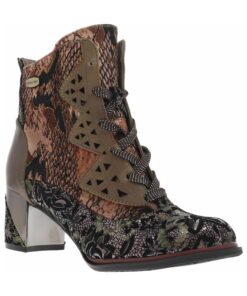 LAURA VITA Bottines grises à talon bloc pour femmes à lacets plats et zip avec imprimés fleuris et dorures idéales pour
