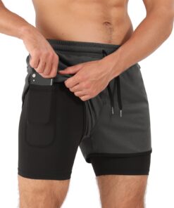 Superora Short de Course Hommes Noir Compression Gym Fitness 2 en 1 avec Poche Téléphone et Poches Zippées pour Course à