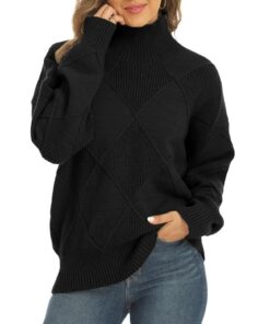 Pull Col Roulé JFAN Femme Hiver Chaude Vintage en Maille à Losanges Casual