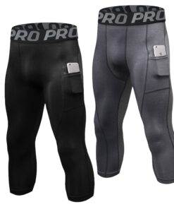 LANBAOSI Lot de 2 Leggings de Compression 3/4 pour Homme - Séchage Rapide - Collant Running - Fitness -avec Poche