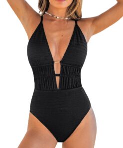 CUPSHE Maillot de bain une pièce femme col plongeant dos croisé feminists to noyer