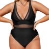 CUPSHE Maillot de bain femme XXL - Col V profond Sheer - Grande taille pour plage & piscine - Noir
