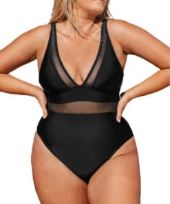 CUPSHE Maillot de bain femme XXL - Col V profond Sheer - Grande taille pour plage & piscine - Noir