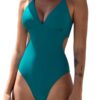 CUPSHE Femmes Maillot de Bain Coupe Haute Bretelles Fines Dos Froncé Une Pièce Découpé Col en V