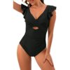SNUOEN Maillot de Bain Monokini Push Up Femme Wrap Dos Nu Col V à Lacets à Volants