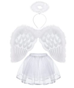 Hifot Costume d'Halloween d'ange 4PCS Ailes Plumes et Jupe Tutu Auréole Magique cosplayer