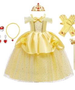 HIHCBF Costume de princesse Belle et la Bête pour fille - Idéal pour fête d'anniversaire, Noël et Halloween - Inclus ens