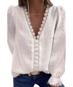 Blouse Femme d'été en Dentelle Col V Manches Courtes Mode