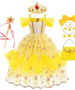 New front Fille Déguisement La Belle et la Bête Robe de Princesse Magique 3-8 ans Sac Baguette Accessoires Anniversaire