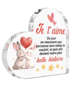Panneau Acrylique Cœur Je T’Aime Pour Couple – Décoration Poétique avec Lapins – Cadeau d’Amour