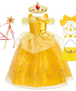 New front Fille Robe de Princesse La Belle et la Bête pour Carnaval et Noël avec Accessoires Couronne Collier Sac Costum