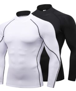 LANBAOSI Tee Shirt Compression Homme Séchage Rapide Fitness Entraînements Lot de 2 Baselayer Mens Col Roulé Manches Long