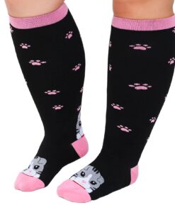Bas de contention grande taille pour femmes: Chaussettes de compression classe 2 pour sport et voyage | Motif chat | 1 p