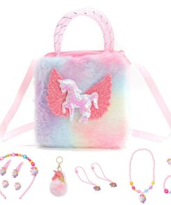 Ensemble Sac Licorne FOSDICK pour Filles, Sac à Main Licorne Enfant, Accessoires Bijoux en Peluche, Cadeau Anniversaire