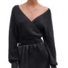 CUPSHE Pull court à manches longues et col en V pour femme en coton de qualité supérieure idéal pour l'automne et l'hive