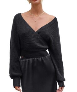 CUPSHE Pull court à manches longues et col en V pour femme en coton de qualité supérieure idéal pour l'automne et l'hive