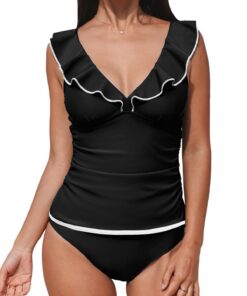 CUPSHE Ensemble tankini deux pièces Noir femme | Col en V adjustable | Bretelles froncées | Taille XS à 4XL