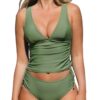 CUPSHE Tankini 2 pièces Col en V plongeant pour Femme - Cordon de serrage - Bretelles larges - Taille mi-haute