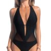 CUPSHE Maillot de bain une pièce plongeant Hater | Éléments en maille froncée | Col en V profond | Dos ouvert | Femmes |