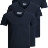 JACK & JONES - Lot de 3 t-shirts basiques à col en V pour homme | Couleur unie | Coupe slim | Blanc, Noir, Bleu, Gris |
