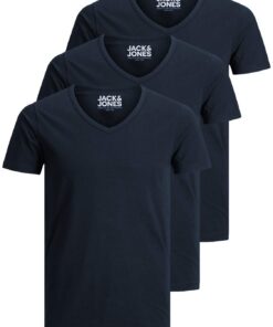 JACK & JONES - Lot de 3 t-shirts basiques à col en V pour homme | Couleur unie | Coupe slim | Blanc, Noir, Bleu, Gris |