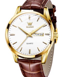 OLEVS Hommes Montre en Cuir Brun Boîtier en Or Analogique Quartz Mode Casual Business Dress Montre - Bracelet Date Night