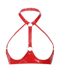 YEAHDOR Lingerie Femme Coquine Redresse-Sein en Cuir Verni Halter Bra Ouvert Harnais Poitrine Dos Nu Transparent Nightwe