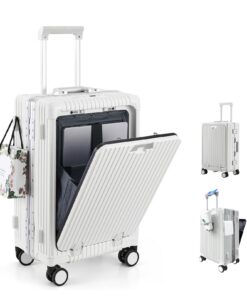 Valise cabine LANMOU 20" Grande Rigide Blanc 4 Roues Aluminum Cadre PC Coque Serrure TSA Port USB Serrure Code 3 Chiffre