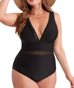 CUPSHE Maillot de bain une pièce femme grande taille, col V, maille festonnée, bretelles réglables