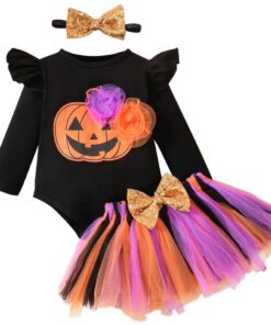 Déguisement Halloween Bébé Fille,Costume Halloween Bebe Fille Citrouille Ensemble Tutu,Halloween Tenue Bebe Fille Pyjama