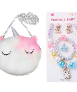 KSJEHW Bijoux Enfants Filles | Princesse Unicorn Sac à Main Collier Bracelet Boucles d'oreilles Bague Set, Fête Déguisem