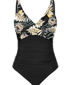 CMTOP Maillot de Bain Femme 1 Pièce Col V Push-Up Effet Gainant Ventre Plat Monokini, Contrôle du Ventre Swimsuit Recycl